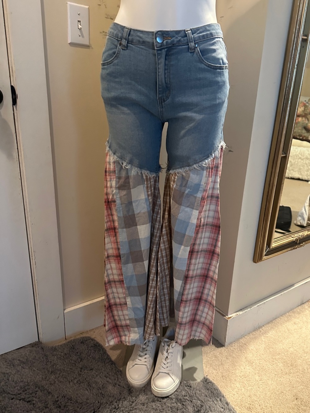 easel Patchwork Flare Jeans in Light Blue with Multi-Plaid Panels